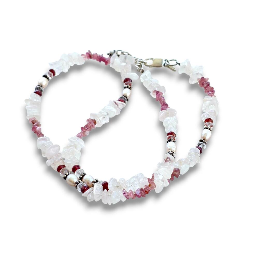 Vintage Sajen 925 SteRling Silver quartz, Turmaline,‎ Pearl Ruby Beads Necklace
